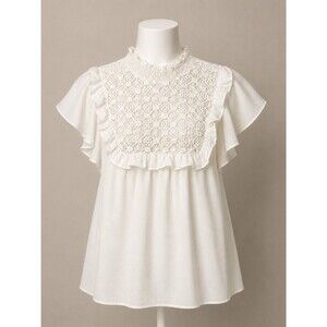 Love J White Blouse Ruffle Neck Crochet Bodice Size Medium EUC
